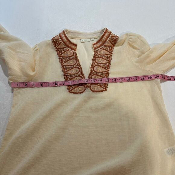 Spartina 449 Embroidered Boho Tunic Top Cream Rust Paisley V Neck Long Sleeve Me - Picture 4 of 6